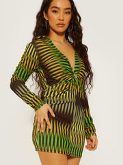 Multicolour Twist Front Collared Bodycon Dress