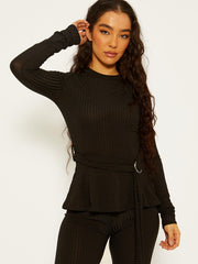 Ribbed Peplum Co-ord with D-ring Belt