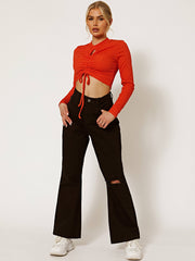 Keyhole Detail Front Ruched Ribbed Crop Top