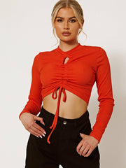 Keyhole Detail Front Ruched Ribbed Crop Top