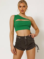 One Shoulder Cut Out Front Ribbed Crop Top