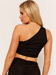 One Shoulder Cut Out Front Ribbed Crop Top