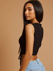 Cut Out Shoulder Ribbed Ruched Crop Top