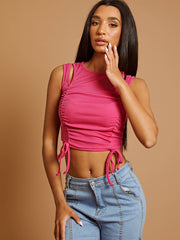Cut Out Shoulder Ribbed Ruched Crop Top