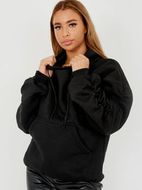 Ruched Sleeves Fleeced Hoodie - Black