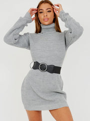 Roll Hals gestricktes Kleid mit Gürtel