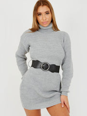 Roll Hals gestricktes Kleid mit Gürtel
