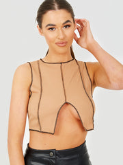 Contraststeek detail geribbeld crop top