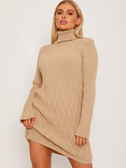 Criss Cross Knit?Ribbed Roll Neck Bodycon Dress