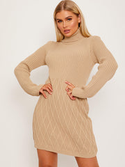 Criss Cross Knit?Ribbed Roll Neck Bodycon Dress