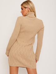 Criss Cross Knit?Ribbed Roll Neck Bodycon Dress