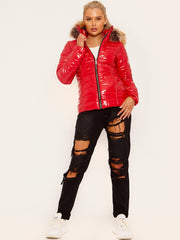 Wet Look Faux Fur Hooded Jacket