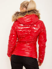 Wet Look Faux Fur Hooded Jacket