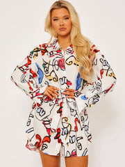 Abstract Print Button Front Collared Belted Dress