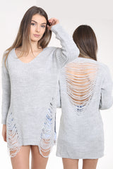 Front And Back Distress Ripped Ladder Oversized Jumper
