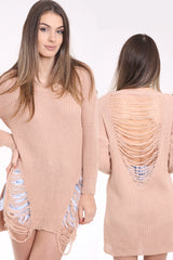 Front And Back Distress Ripped Ladder Oversized Jumper