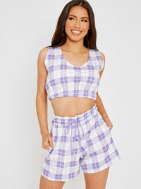 Checked Crop Top & Shorts Fleece Co-ord - Lilac