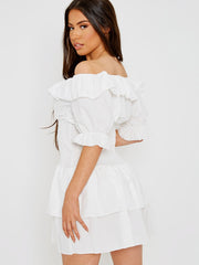 Frill Detail Shirred Bardot Dress
