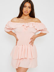 Frill Detail Shirred Bardot Dress