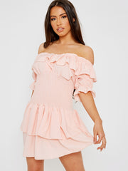 Frill Detail Shirred Bardot Dress