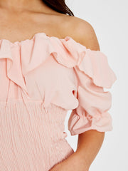 Frill Detail Shirred Bardot Dress