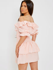 Frill Detail Shirred Bardot Dress