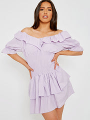 Frill Detail Shirred Bardot Dress