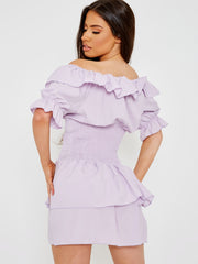 Frill Detail Shirred Bardot Dress