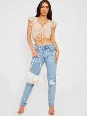 Cap Sleeve Ruched Front Ribbed Crop Top