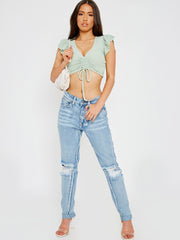 Cap Sleeve Ruched Front Ribbed Crop Top