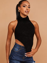 Halter Roll Neck Asymmetric Hem Knitted Crop Top