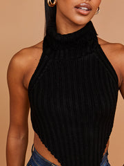 Halter Roll Neck Asymmetric Hem Knitted Crop Top