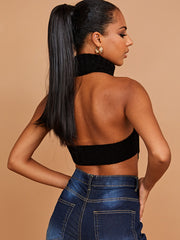 Halter Roll Neck Asymmetric Hem Knitted Crop Top