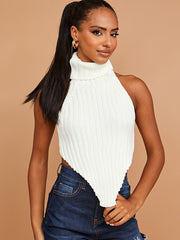 Halter Roll Neck Asymmetric Hem Knitted Crop Top