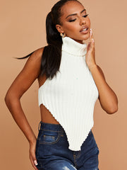 Halter Roll Neck Asymmetric Hem Knitted Crop Top