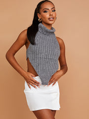 Halter Roll Neck Asymmetric Hem Knitted Crop Top