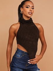 Halter Roll Neck Asymmetric Hem Knitted Crop Top