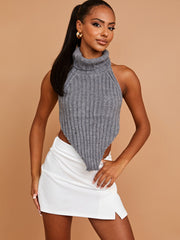 Halter Roll Neck Asymmetric Hem Knitted Crop Top