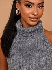 Halter Roll Neck Asymmetric Hem Knitted Crop Top