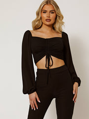 Bishop Sleeve Ruched Front Ribbed Crop Top