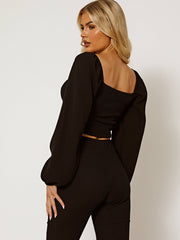 Bishop Sleeve Ruched Front Ribbed Crop Top