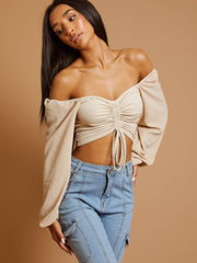 Bishop Sleeve Ruched Front Ribbed Crop Top