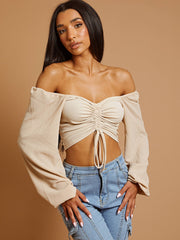 Bishop Sleeve Ruched Front Ribbed Crop Top