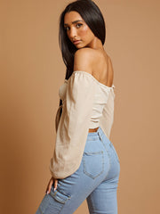 Bishop Sleeve Ruched Front Ribbed Crop Top