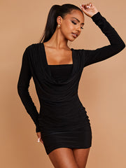 Draped Cowl Neck Slinky Dress