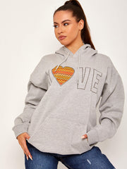 LOVE Chevron Heart Graphic Fleeced Hoodie