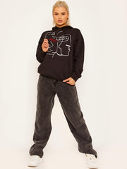 Face Graphic Hoodie with Embroidered Lip