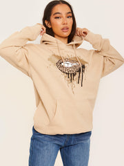 Glitter Leopard Lip Graphic Print Hoodie