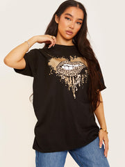 Glitter Leopard Lip Graphic Print T-Shirt