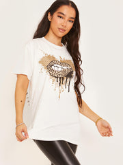 Glitter Leopard Lip Graphic Print T-Shirt